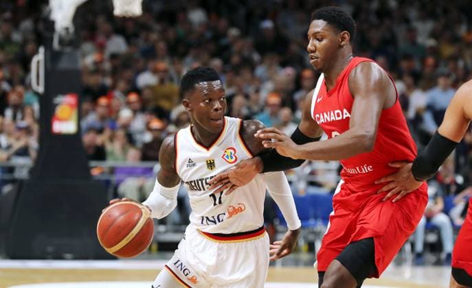 Dennis Schröder GER , R J Barrett duel match scene action sport basketball DBB national team men international match season 2023 2024 09 08 2023 Germany GER vs Canada CAN