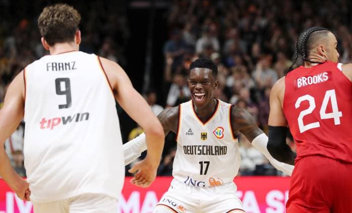 Franz Wagner GER , Dennis Schröder GER laughs cheers, re Dillon Brooks sports basketball DBB national team men international match season 2023 2024 09 08 2023 Germany GER vs Canada CAN