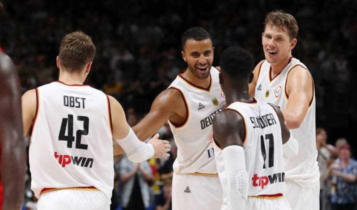 Andreas Obst, Johannes Thiemann, Dennis Schröder, Moritz Wagner GER , German team cheers after end of game joy jubilation sports basketball DBB national team men international match season 2023 2024 09 08 2023 Germany GER vs Canada CAN