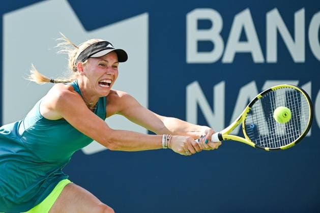MONTREAL, QC - AUGUST 09: Caroline Wozniacki (DEN) returns the ball during a second round match at WTA, Tennis Damen National Bank Open on August 09, 2023 at IGA Stadium in Montreal, QC (Photo by David Kirouac Icon Sportswire) TENNIS: AUG 09 National Bank Open EDITORIAL USE ONLY Icon230809082