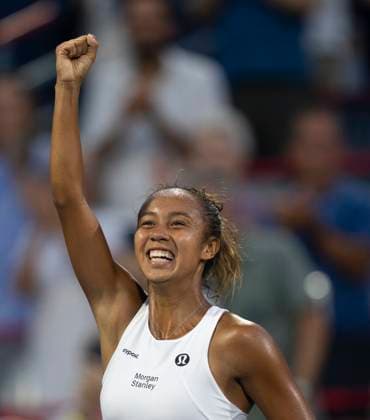 August 9, 2023, MONTREAL, PQ, Canada: Leylah Fernandez of Canada celebrates her win against Beatriz Haddad Maia of Brazil during the National Bank Open tennis tournament in Montreal, Wednesday, Aug. 9, 2023. Canada News - August 9, 2023  - ZUMAc35_ 20230809_zaf_c35_146 Copyright: xChristinnexMuschix
