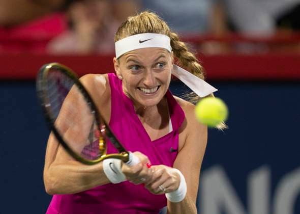 August 9, 2023, MONTREAL, PQ, Canada: Petra Kvitova of the Czech Republic, hits a return to Camila Giorgi of Italy, during the National Bank Open tennis tournament in Montreal, Wednesday, Aug. 9, 2023. Canada News - August 9, 2023  - ZUMAc35_ 20230809_zaf_c35_179 Copyright: xChristinnexMuschix