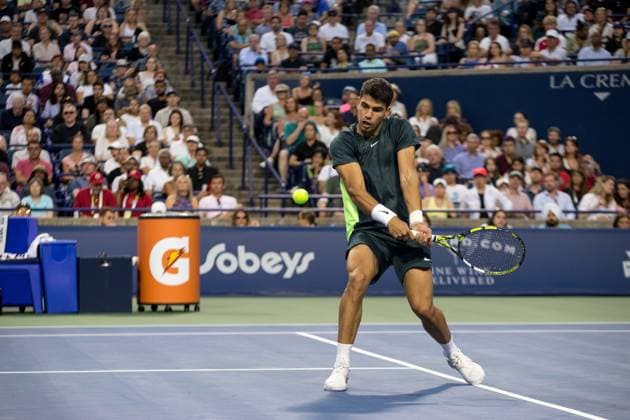 ATP, Tennis Herren Masters 1000 National Bank Open TORONTO, OT - 09.08.2023: ATP MASTERS 1000 NATIONAL BANK OPEN - Spaniard Carlos Alcaraz number one in the ATP ranking faces American Ben Sheltono during the National Bank Open ATP Masters 1000 tennis tournament held at York University in Toronto, Canada. (Photo: Pedro Paulo Ferreira Fotoarena) x2415673x  PedroxPauloxFerreira
