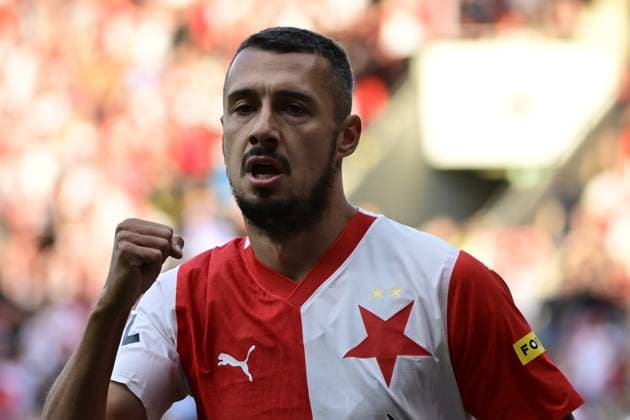 Ivan Schranz of Slavia Praha celebrates a goal during the UEFA Europa League first soccer match of 3rd qualifying round: Slavia Praha vs Dnipro, Prague, Czech Republic, August 10, 2023. (CTKxPhoto RomanxVondrous) CTKPhotoP2023081006769  CTKPhotoP2023081006769
