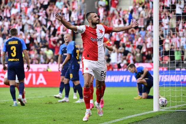 Ivan Schranz of Slavia Praha celebrates a goal during the UEFA Europa League first soccer match of 3rd qualifying round: Slavia Praha vs Dnipro, Prague, Czech Republic, August 10, 2023. (CTKxPhoto RomanxVondrous) CTKPhotoP2023081006993  CTKPhotoP2023081006993