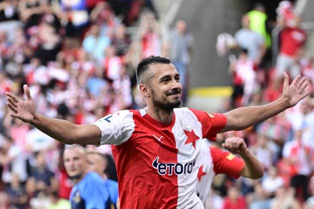 Ivan Schranz of Slavia Praha celebrates a goal during the UEFA Europa League first soccer match of 3rd qualifying round: Slavia Praha vs Dnipro, Prague, Czech Republic, August 10, 2023. (CTKxPhoto RomanxVondrous) CTKPhotoP2023081007031  CTKPhotoP2023081007031