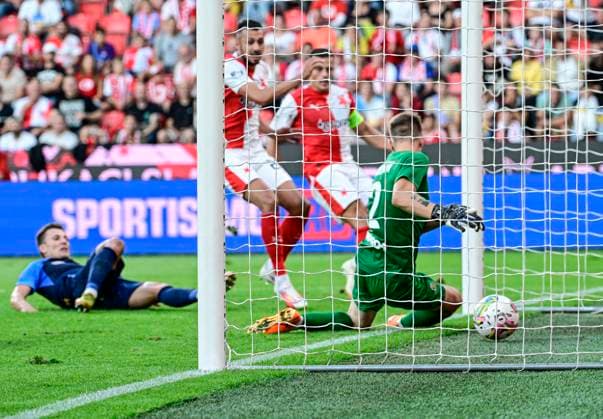 Ivan Schranz of Slavia Praha scores during the UEFA Europa League first soccer match of 3rd qualifying round: Slavia Praha vs Dnipro, Prague, Czech Republic, August 10, 2023. (CTKxPhoto RomanxVondrous) CTKPhotoP2023081007172  CTKPhotoP2023081007172