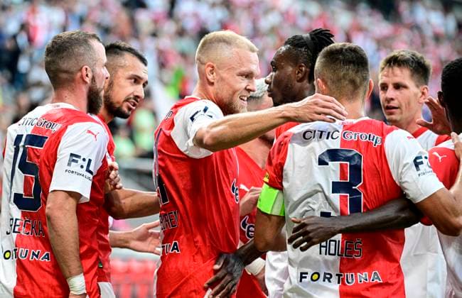 Players of Slavia Praha celebrate a goal during the UEFA Europa League first soccer match of 3rd qualifying round: Slavia Praha vs Dnipro, Prague, Czech Republic, August 10, 2023. (CTKxPhoto RomanxVondrous) CTKPhotoP2023081007224  CTKPhotoP2023081007224