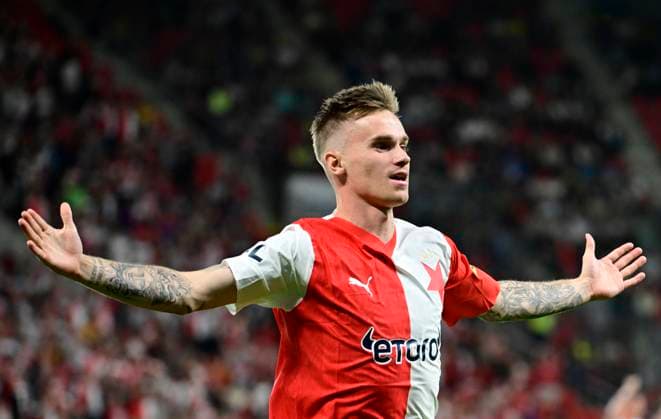 Conrad Wallem of Slavia Praha celebrates a goal during the UEFA Europa League first soccer match of 3rd qualifying round: Slavia Praha vs Dnipro, Prague, Czech Republic, August 10, 2023. (CTKxPhoto RomanxVondrous) CTKPhotoP2023081007624  CTKPhotoP2023081007624