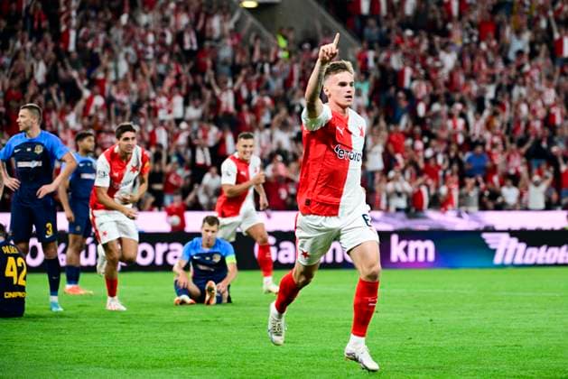 Conrad Wallem of Slavia Praha celebrates a goal during the UEFA Europa League first soccer match of 3rd qualifying round: Slavia Praha vs Dnipro, Prague, Czech Republic, August 10, 2023. (CTKxPhoto RomanxVondrous) CTKPhotoP2023081007633  CTKPhotoP2023081007633