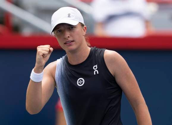 August 10, 2023, MONTREAL, PQ, Canada: Iga Swiatek of Poland reacts during her game against Karolina Muchova of the Czech Republic during the National Bank Open tennis tournament in Montreal, Thursday, Aug. 10, 2023. Canada News - August 10, 2023  - ZUMAc35_ 20230810_zaf_c35_056 Copyright: xChristinnexMuschix