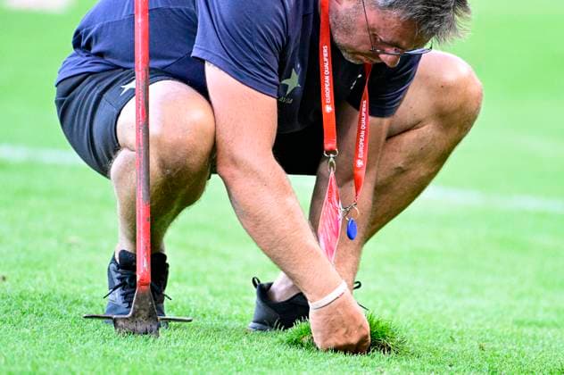 Lawn treatment during the UEFA Europa League first soccer match of 3rd qualifying round: Slavia Praha vs Dnipro, Prague, Czech Republic, August 10, 2023. (CTKxPhoto RomanxVondrous) CTKPhotoP2023081007890  CTKPhotoP2023081007890