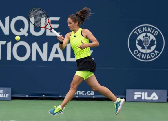 August 10, 2023, MONTREAL, PQ, Canada: Daria Kasatkina of Russia, hits a return to Marie Bouzkova of the Czech Republic, during the National Bank Open tennis tournament in Montreal, Thursday, Aug. 10, 2023. Canada News - August 10, 2023  - ZUMAc35_ 20230810_zaf_c35_065 Copyright: xChristinnexMuschix