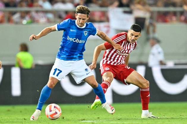 Olympiacos v KRC Genk - UEFA Europa League Qualifying ATHENS, GREECE - AUGUST 10 : Hrosovsky Patrik midfielder of KRC Genk and Vrousai Marious forward of Olympiacos during the 1st leg match of the UEFA Europa League season 2023 - 2024 third qualifying round between Olympiacos and KRC Genk on August 10, 2023 in Athens, Greece, 10 08 2023 Athens Greece  Copyright: xDhax