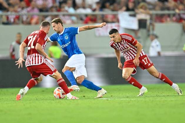 Olympiacos v KRC Genk - UEFA Europa League Qualifying ATHENS, GREECE - AUGUST 10 : Hrosovsky Patrik midfielder of KRC Genk and Vrousai Marious forward of Olympiacos during the 1st leg match of the UEFA Europa League season 2023 - 2024 third qualifying round between Olympiacos and KRC Genk on August 10, 2023 in Athens, Greece, 10 08 2023 Athens Greece  Copyright: xDhax