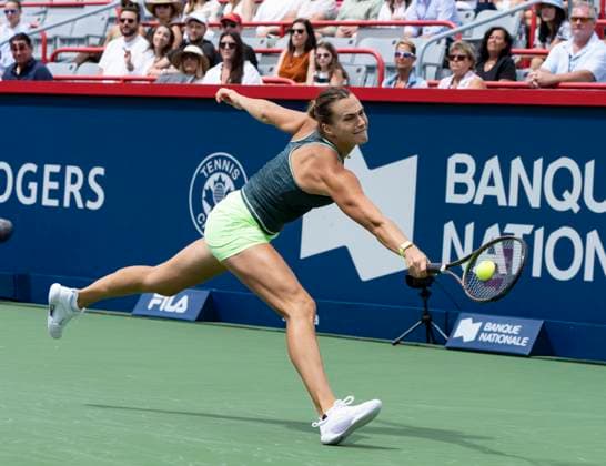 August 11, 2023, MONTREAL, PQ, Canada: Aryna Sabalenka of Belarus hits a return to Liudmila Samsonova of Russia during the National Bank Open tennis tournament in Montreal, Friday, Aug. 11, 2023. Canada News - August 11, 2023  - ZUMAc35_ 20230811_zaf_c35_032 Copyright: xChristinnexMuschix