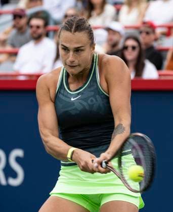 August 11, 2023, MONTREAL, PQ, Canada: Aryna Sabalenka of Belarus hits a return to Liudmila Samsonova of Russia during the National Bank Open tennis tournament in Montreal, Friday, Aug. 11, 2023. Canada News - August 11, 2023  - ZUMAc35_ 20230811_zaf_c35_034 Copyright: xChristinnexMuschix