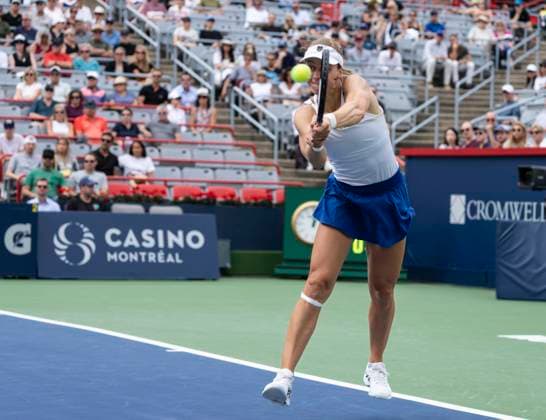 August 11, 2023, MONTREAL, PQ, Canada: Liudmila Samsonova of Russia hits a return to Aryna Sabalenka of Belarus, during the National Bank Open tennis tournament in Montreal, Friday, Aug. 11, 2023. Canada News - August 11, 2023  - ZUMAc35_ 20230811_zaf_c35_036 Copyright: xChristinnexMuschix