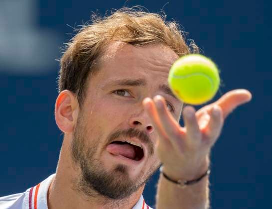 August 11, 2023, TORONTO, ON, Canada: Daniil Medvedev of Russia tosses the ball to serve to Alex de Minaur of Australia in quarterfinal tennis action at the National Bank Open in Toronto, Friday, Aug. 11, 2023. Canada News - August 11, 2023  - ZUMAc35_ 20230811_zaf_c35_055 Copyright: xFrankxGunnx