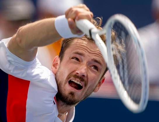 August 11, 2023, TORONTO, ON, Canada: Daniil Medvedev of Russia serves to Alex de Minaur of Australia in quarterfinal tennis action at the National Bank Open in Toronto, Friday, Aug. 11, 2023. Canada News - August 11, 2023  - ZUMAc35_ 20230811_zaf_c35_054 Copyright: xFrankxGunnx