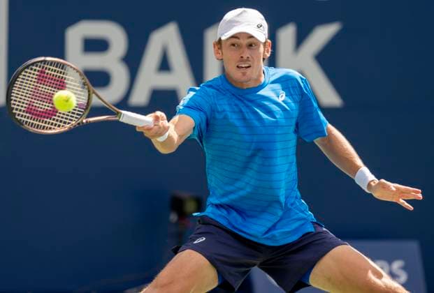 August 11, 2023, TORONTO, ON, Canada: Alex de Minaur of Australia reaches for a return to Daniil Medvedev of Russia in quarterfinal tennis action at the National Bank Open in Toronto, Friday, Aug. 11, 2023. Canada News - August 11, 2023  - ZUMAc35_ 20230811_zaf_c35_057 Copyright: xFrankxGunnx