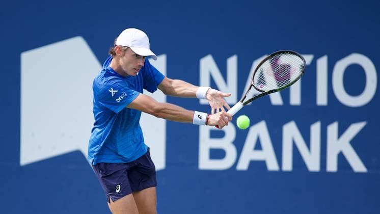 Alex de Minaur of Australia hits a backhand during his men s quarter final match against Daniil Medvedev of Russia on day seven of the 2023 National Bank Open at Sobeys Arena on August 11, 2023 in Toronto, Ontario, Canada. Noxthirdxpartyxsales  (226193945)