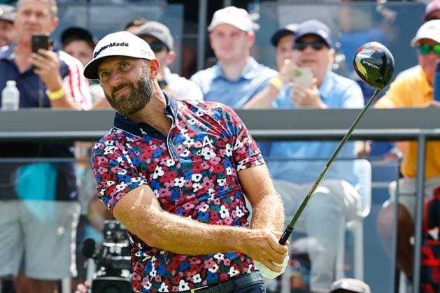 BEDMINSTER, NJ - AUGUST 11: Dustin Johnson of the 4 Aces GC tees off at the 1st tee during LIV Golf Bedminster- round 1 on August 11, 2023 at Trump National Golf Club in Bedminster, New Jersey. (Photo by Rich Graessle Icon Sportswire) GOLF: AUG 11 LIV Golf Bedminster EDITORIAL USE ONLY Icon23081122296