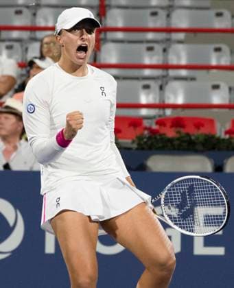 August 11, 2023, MONTREAL, PQ, Canada: Iga Swiatek of Poland, celebrates her win against Danielle Collins of the United States, during quarterfinal action at the National Bank Open tennis tournament in Montreal, Friday, Aug.11, 2023. Canada News - August 11, 2023  - ZUMAc35_ 20230811_zaf_c35_116 Copyright: xChristinnexMuschix
