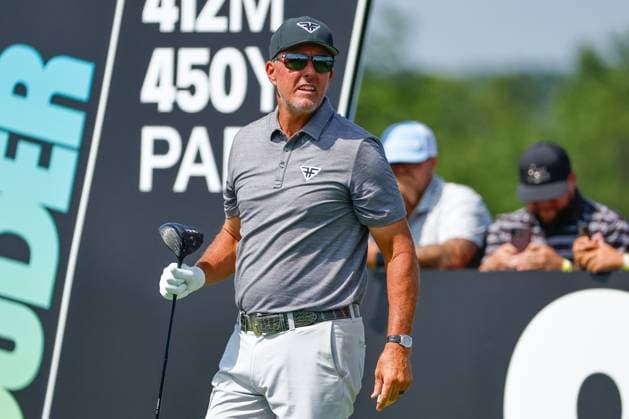 BEDMINSTER, NJ - AUGUST 11: Phil Mickelson of Highflyers GC at the 9th tee during LIV Golf Bedminster- round 1 on August 11, 2023 at Trump National Golf Club in Bedminster, New Jersey. (Photo by Rich Graessle Icon Sportswire) GOLF: AUG 11 LIV Golf Bedminster EDITORIAL USE ONLY Icon23081122333