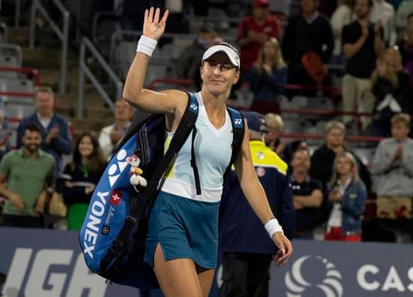 August 11, 2023, MONTREAL, PQ, Canada: Belinda Bencic of Switzerland, waves to the crowd as she exits the court following her loss to Liudmila Samsonova of Russia, during quarterfinal action at the National Bank Open tennis tournament in Montreal, Friday, Aug.11, 2023. Canada News - August 11, 2023  - ZUMAc35_ 20230811_zaf_c35_160 Copyright: xChristinnexMuschix