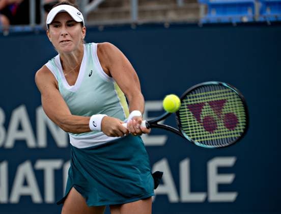 (230812) -- MONTREAL, Aug. 12, 2023 -- Belinda Bencic hits a return during the women s singles round of 16 match between Petra Kvitova of the Czech Republic and Belinda Bencic of Switzerland at the National Bank Open tennis tournament in Montreal, Canada, on Aug. 11, 2023. (Photo by Xinhua) (SP)CANADA-MONTREAL-TENNIS-NATIONAL BANK OPEN-WOMEN S SINGLES AndrewxSoong 