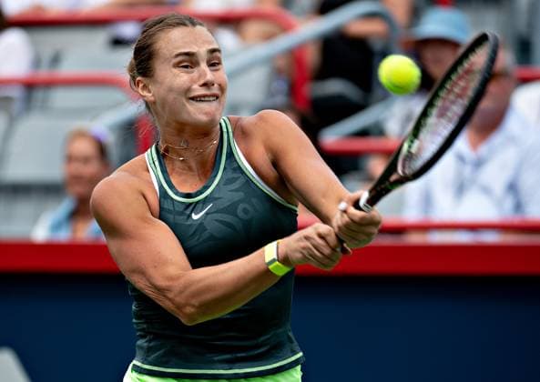(230812) -- MONTREAL, Aug. 12, 2023 -- Aryna Sabalenka hits a return during the women s singles round of 16 match between Aryna Sabalenka of Belarus and Liudmila Samsonova of Russia at the National Bank Open tennis tournament in Montreal, Canada, on Aug. 11, 2023. (Photo by Xinhua) (SP)CANADA-MONTREAL-TENNIS-NATIONAL BANK OPEN-WOMEN S SINGLES AndrewxSoong 
