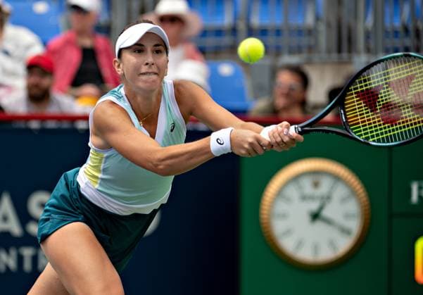 (230812) -- MONTREAL, Aug. 12, 2023 -- Belinda Bencic hits a return during the women s singles round of 16 match between Petra Kvitova of the Czech Republic and Belinda Bencic of Switzerland at the National Bank Open tennis tournament in Montreal, Canada, on Aug. 11, 2023. (Photo by Xinhua) (SP)CANADA-MONTREAL-TENNIS-NATIONAL BANK OPEN-WOMEN S SINGLES AndrewxSoong 