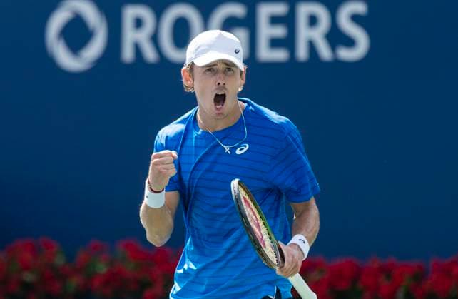 (230812) -- TORONTO, Aug. 12, 2023 -- Alex De Minaur celebrates during the men s singles quarterfinal match between Daniil Medvedev of Russia and Alex De Minaur of Australia at the National Bank Open tennis tournament in Toronto, Canada, Aug. 11, 2023. (Photo by Xinhua) (SP)CANADA-TORONTO-TENNIS-NATIONAL BANK OPEN-MEN S SINGLES ZouxZheng 