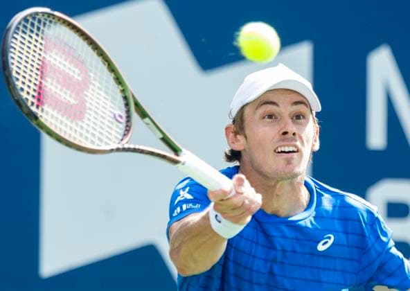 (230812) -- TORONTO, Aug. 12, 2023 -- Alex De Minaur hits a return during the men s singles quarterfinal match between Daniil Medvedev of Russia and Alex De Minaur of Australia at the National Bank Open tennis tournament in Toronto, Canada, Aug. 11, 2023. (Photo by Xinhua) (SP)CANADA-TORONTO-TENNIS-NATIONAL BANK OPEN-MEN S SINGLES ZouxZheng 