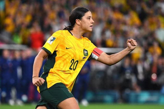 WWC23 QTR FINAL AUSTRALIA FRANCE, Sam Kerr of Australia celebrates after a successful penalty shot during the FIFA Women s World Cup 2023 Quarter Final soccer match between Australia and France at Brisbane Rectangular Stadium in Brisbane, Saturday, August 12, 2023. ( NO ARCHIVING, EDITORIAL USE ONLY, NO USE IN BOOKS WITHOUT CONSENT BRISBANE QUEENSLAND AUSTRALIA  Copyright: xJONOxSEARLEx 20230812001830141539