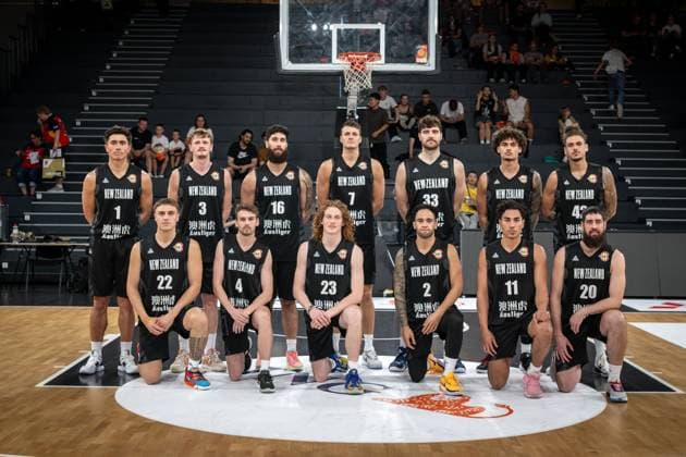 Basketball Hamburg 12 08 2023 DBB Mens National Team International Test Match Supercup Canada CAN New Zealand NZL Team Neuseelnd Reuben Te Rangi New Zealand, No 01 Finn Delany New Zealand, No 03 Tohi Smith Milner New Zealand, No 16 Yanni Wetzel New Zealand, No 07 Sam Timmins New Zealand, No 33 Dan Fotu New Zealand, No 24 Isaac Fotu New Zealand, No 42 front Hyrum Harris New Zealand, No 22 Taylor Britt New Zealand, No 04 Walter Brown New Zealand, No 23 Izayah Leafa New Zealand, No 02 Flynn Cameron New Zealand, No 11 Jordan Ngatai New Zealand, No 20