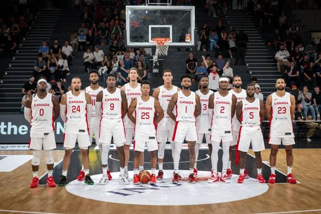 Basketball Hamburg 12 08 2023 DBB national mens team international test match Supercup Canada CAN New Zealand NZL Team Canada Luguentz Dort Canada, No 00 Dillon Brooks Canada, No 24 Kyle Alexander Canada, No 11 RJ Barrett Canada, No 09 Kelly Olynyk Canada, No 13 Trae Bell Haynes Canada, No 25 Dwight Powell Canada, No 07 Nickeil Alexander Walker Canada, No 01 Melvin Ejim Canada, No 03 Shai Gilgeous Alexander Canada, No 02 Thomas Scrubb Canada, No 21 Kenny Chery Canada, No 05 Phil Scrubb Canada, No 23 vlnr