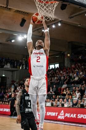 Basketball Hamburg 12 08 2023 DBB Mens National Team International Test Match Supercup Canada CAN New Zealand NZL Shai Gilgeous Alexander Canada, No 02 Izayah Leafa New Zealand, No 02