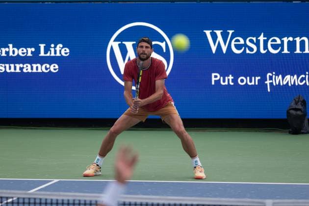 Qualifying Rounds: Western & Southern Open Maxime Cressy is seenduring a qualifying round match of the Western & Southern Open at the Lindner Family Tennis Center in Mason, Ohio. Saturday, August 12, 2023. Mason, OHIO Ohio United States  Copyright: xJasonxWhitmanx originalFilename:whitman-qualifyi230812_npQKG.jpg