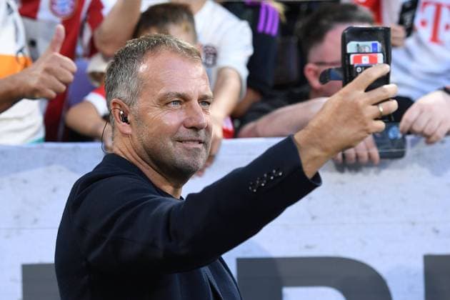 Soccer Supercup FC Bayern Munich RB Leipzig on 12 08 2023 at the Allianz Arena in Munich Hans Dieter Hansi Flick national coach taking a selfie DFL regulations prohibit any use of photographs as image sequences and or quasi video xRx