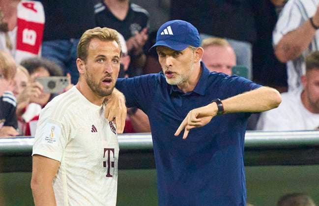 Harry Kane, FCB 9 Trainer Thomas Tuchel (FCB), team manager, headcoach, coach, in action in the Super Cup 2023 final match FC BAYERN MUENCHEN - RB LEIPZIG on Aug 12, 2023 in Munich, Germany. Season 2023 2024, matchday xx, 1.Bundesliga, FCB, München, xx.Spieltag.