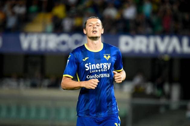 Italian football Coppa Italia match - Hellas Verona FC vs Ascoli Calcio Verona s Milan Djuric celebrates after scoring a goal on penalty during Hellas Verona FC vs Ascoli Calcio, Italian football Coppa Italia match in Verona, Italy, August 12 2023 Verona Italy  Copyright: xIPAxSport ABACAx BRIPASport20230812_154 IPAxSport ABACAx BRIPASport20230812_154