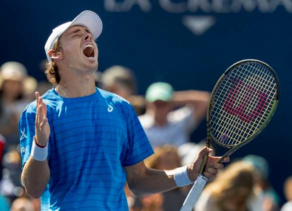 August 12, 2023, TORONTO, ON, Canada: Alex de Minaur of Australia celebrates his win over Alejandro Davidovich Fokina of Spain in semifinal tennis action at the National Bank Open in Toronto on Saturday, Aug. 12, 2023. Canada News - August 12, 2023  - ZUMAc35_ 20230812_zaf_c35_033 Copyright: xFrankxGunnx