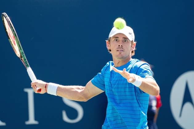 August 12, 2023, Toronto, ON, Canada: Alex de Minaur of Australia returns a shot during semifinal tennis action at the National Bank Open in Toronto, on Saturday, Aug. 12, 2023. Alex de Minaur  - ZUMAc35_ 20230812_zaf_c35_043 Copyright: xSpencerxColbyx