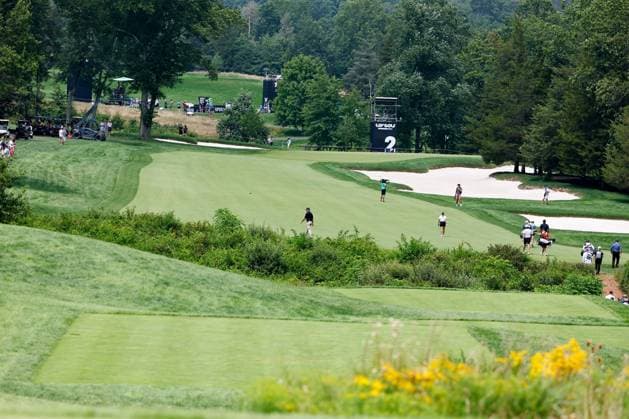 BEDMINSTER, NJ - AUGUST 12: A general view from the 2nd tee dorn the 2nd fairway during round 2 of LIV Golf Bedminster on August 12, 2023 at Trump National Golf Club in Bedminster, New Jersey. (Photo by Rich Graessle Icon Sportswire) GOLF: AUG 12 LIV Golf Bedminster EDITORIAL USE ONLY Icon23081222489