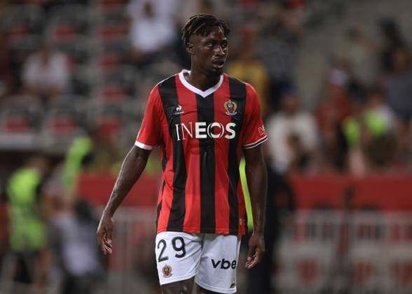 Nice, France, 11th August 2023. Evann Guessand of OGC Nice looks on during the Ligue 1 match at Allianz Riviera Stadium, Nice. Picture credit should read: Jonathan Moscrop Sportimage EDITORIAL USE ONLY. No use with unauthorised audio, video, data, fixture lists, club league logos or live services. Online in-match use limited to 120 images, no video emulation. No use in betting, games or single club league player publications. SPI-2504-0148