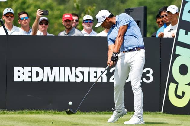 BEDMINSTER, NJ - AUGUST 12: Sebastian Munoz of Torque GC tees off at the 9th tee during round 2 of LIV Golf Bedminster on August 12, 2023 at Trump National Golf Club in Bedminster, New Jersey. (Photo by Rich Graessle Icon Sportswire) GOLF: AUG 12 LIV Golf Bedminster EDITORIAL USE ONLY Icon23081222512