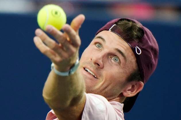 August 12, 2023, TORONTO, ON, Canada: Tommy Paul of the USA serves to Jannik Sinner of Italy during semifinal tennis action at the National Bank Open in Toronto on Saturday, Aug. 12, 2023. Canada News - August 12, 2023  - ZUMAc35_ 20230812_zaf_c35_068 Copyright: xFrankxGunnx