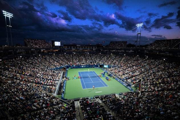 August 12, 2023, Toronto, ON, Canada: A general view as Jannik Sinner of Italy and Tommy Paul of the USA play during semifinal tennis action at the National Bank Open in Toronto, on Saturday, Aug. 12, 2023. Jannik Sinner, Tommy Paul  - ZUMAc35_ 20230812_zaf_c35_112 Copyright: xSpencerxColbyx